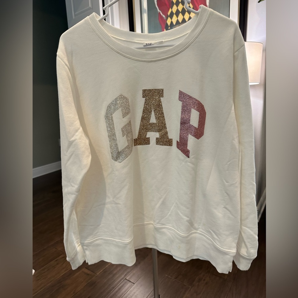 GAP Sweatshirt Crewneck Glitter Sparkle Logo Long Sleeves Gray Women Size XL
